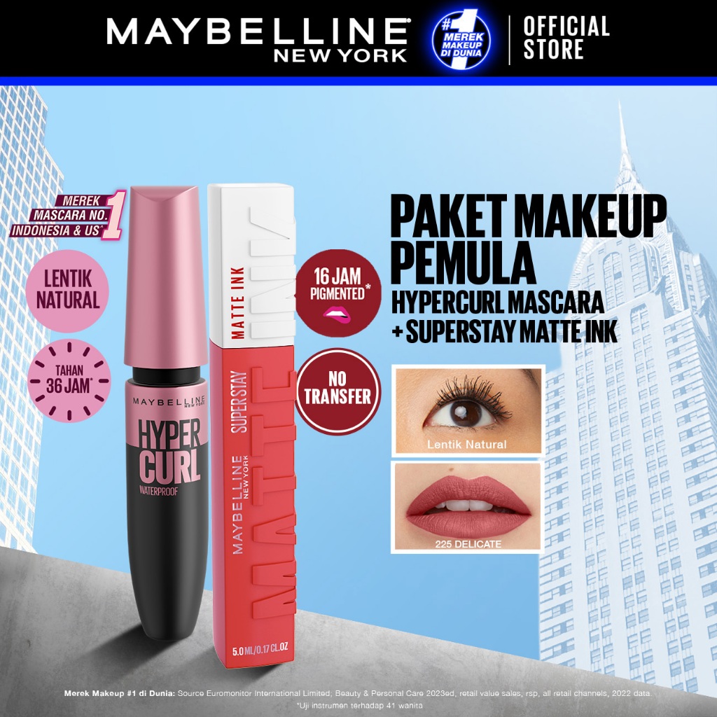 MAYBELLINE OFFICIAL Paket Makeup Anti Transfer Hypercurl Waterproof Mascara + Superstay Matte Ink / Paket Maskara Lipstick - Gambar 2