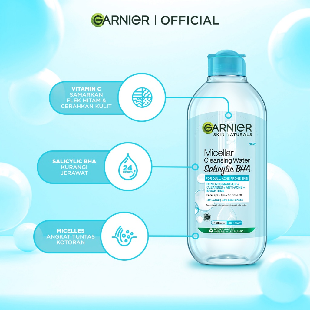 GARNIER Micellar Water Blue Salicylic Acid 300ml/400ml Skincare Cleansing - Pembersih Wajah & Make up - Gambar 3