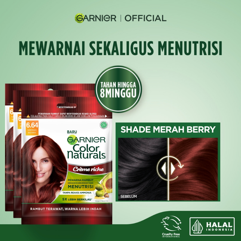 GARNIER Hair Colour Pewarna Rambut Permanen ISI 3 Sachet 20ml #6.64 Merah Berry / Cat Rambut Tanpa Amonia Color Naturals Ultra Color Ash Blonde Garnier Hair Color Pewarna Rambut Permanent Tutup Uban Hitam Alami Semir Rambut
