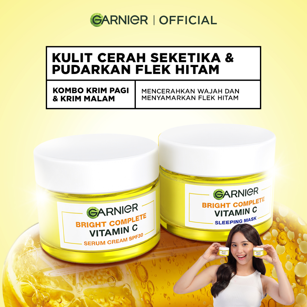 GARNIER Bright Complete Vitamin C Simple Set Day Cream & Night Cream 50 ml Krim Siang & Krim Malam Mencerahkan Bundle Paket Skincare 1 set lengkap moisturizer tone up pelembab wajah cream pemutih wajah glowing cepat - Gambar 2