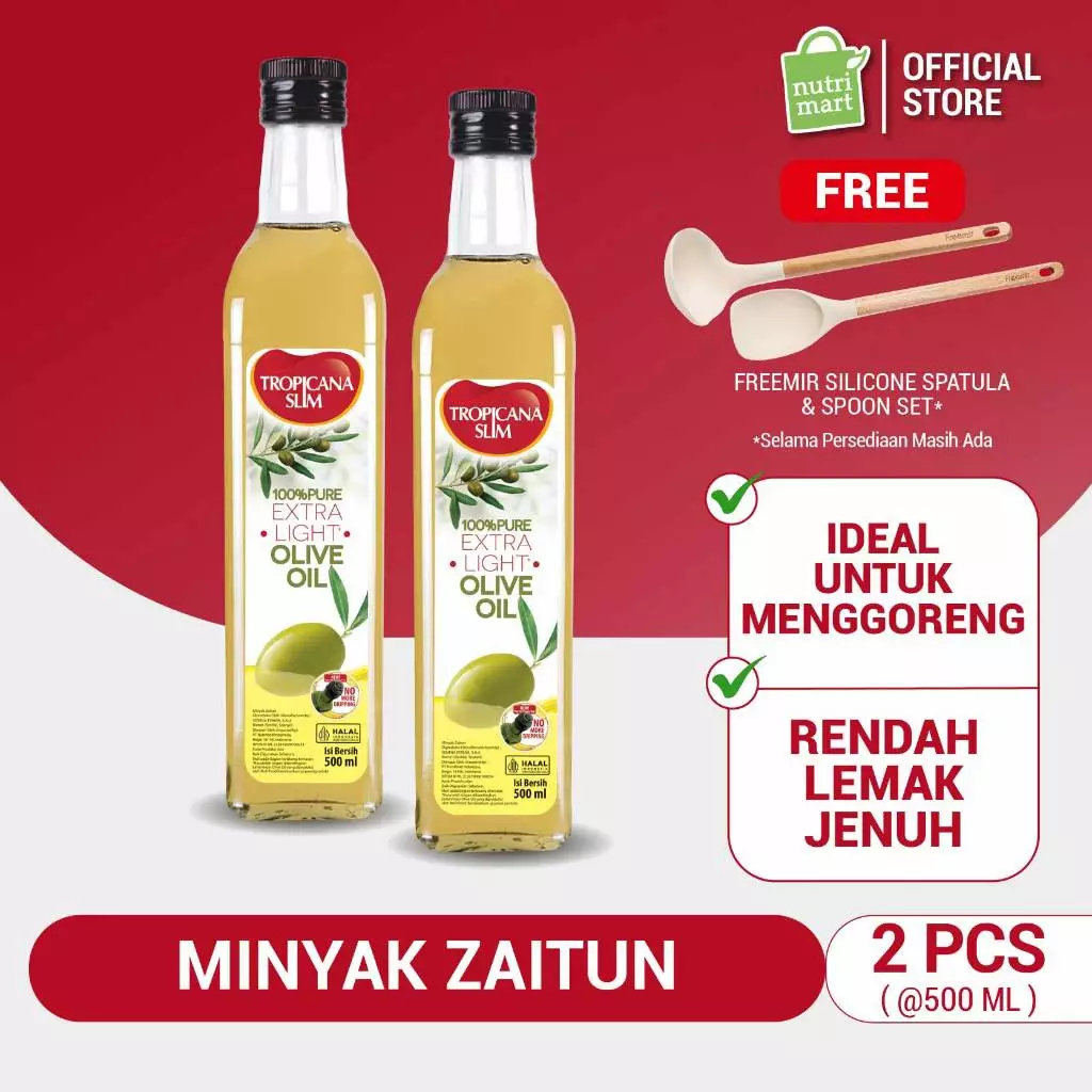 [FREE Spatula & Sendok Set Freemir] Twin Pack :Tropicana Slim Extra Light Olive Oil 500 ml - Minyak Goreng Extra Light Olive Oil Lebih Sehat & Rendah Lemak Jenuh, Baik untuk Jantung