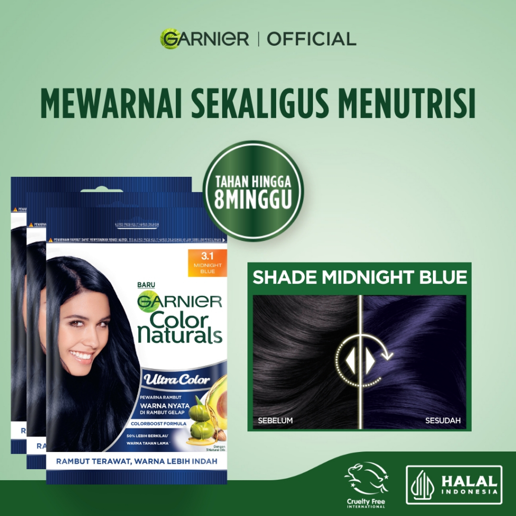 GARNIER Hair Colour Pewarna Rambut Permanen ISI 3 Sachet 20ml #3.1 Midnight Blue / Cat Rambut Tanpa Amonia Color Naturals Ultra Color Ash Blonde Garnier Hair Color Pewarna Rambut Permanent Tutup Uban Hitam Alami Semir Rambut