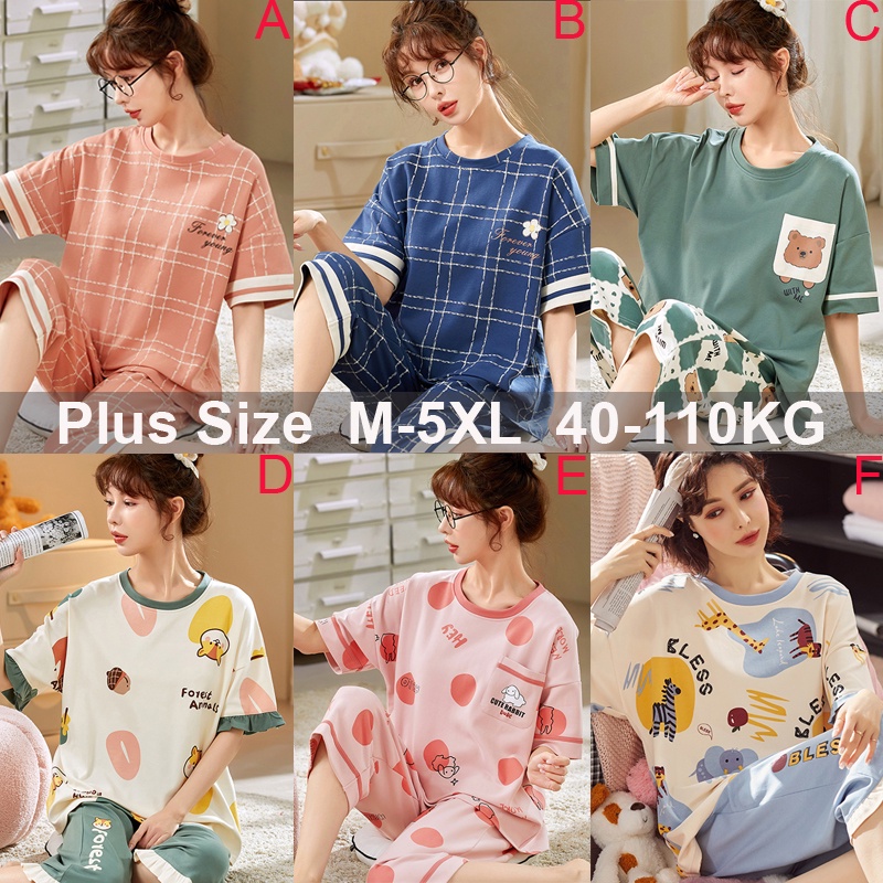 Plus Size M-5XL Women Cotton Loose Pyjamas Set Female Short Sleeve ...