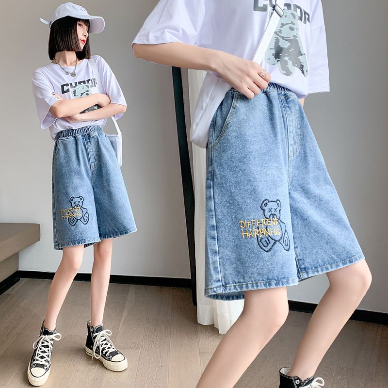 Women's denim shorts 2023 summer fivepoint straight wideleg loose and