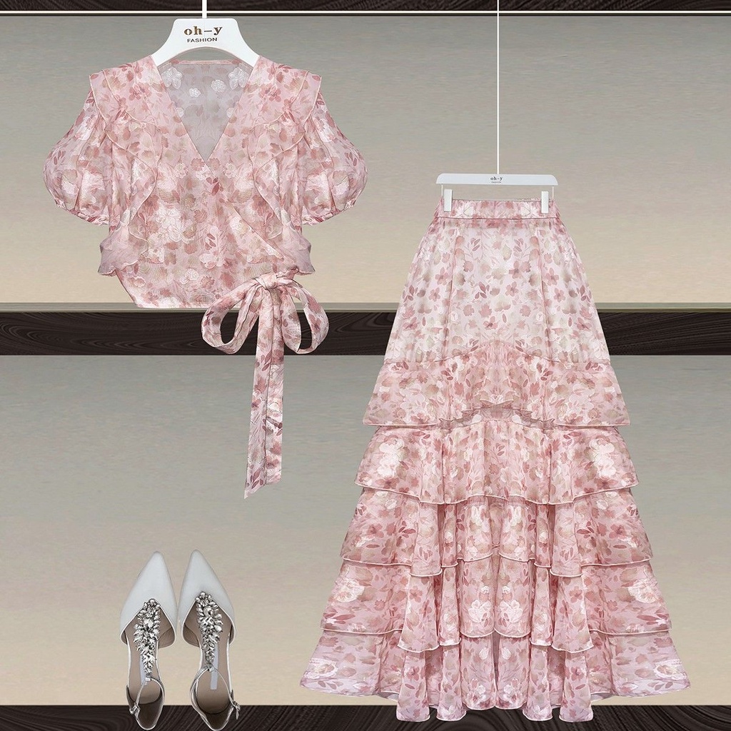High-End Plus Size Women's Clothing Temperament Goddess Age-Reducing Suit 2021 Summer Korean Version Cake Skirt Two-Piece