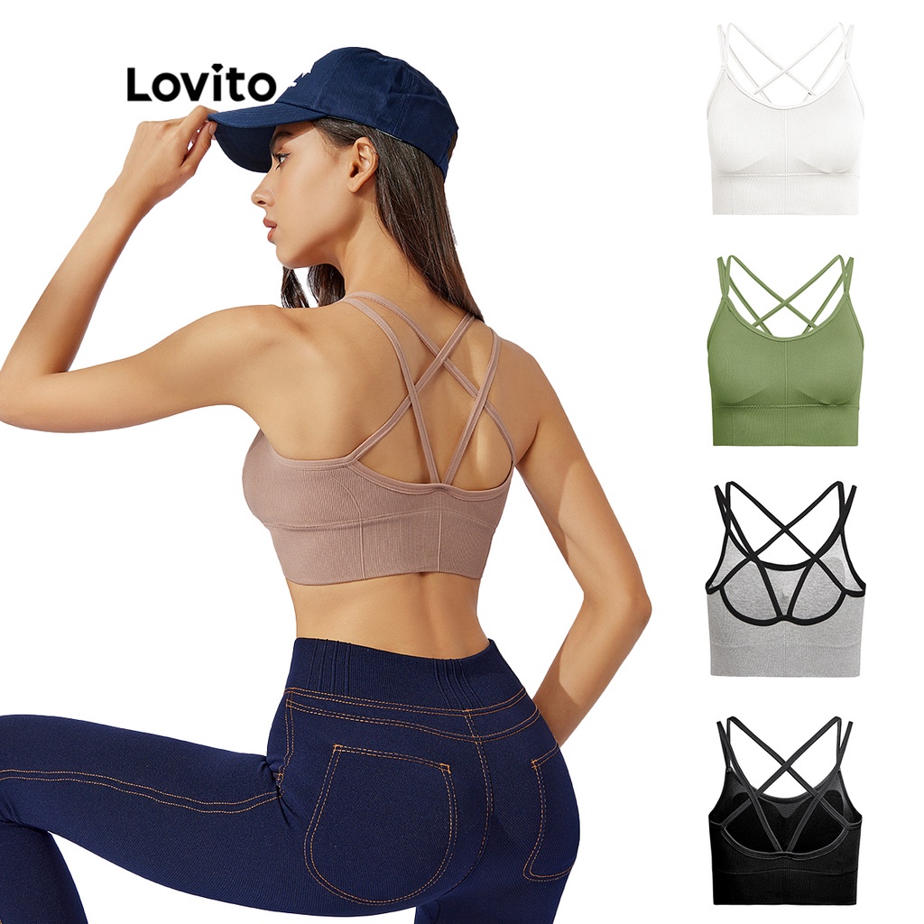 Lovito Yoga Seamless Breathable Sweat-wicking Crisscross Women Removable Pads Sports Bra for Women L31ED004 (Khaki/Mocha Brown/Olive/Grey/White/Black)