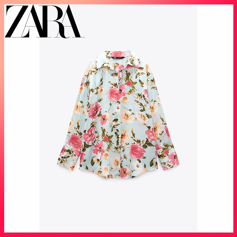 ZARA spring new women's clothing floral print silk satin shirt