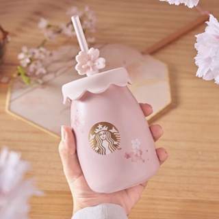 Starbucks China Enjoy Frappuccino Glass pink Straw Cup with cat's claw