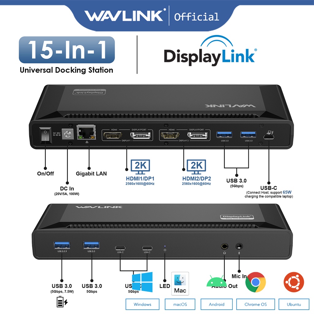 WAVLINK Universal Docking Station With Displaylink USB Laptop Dock Dual Monitors PD65W Charging