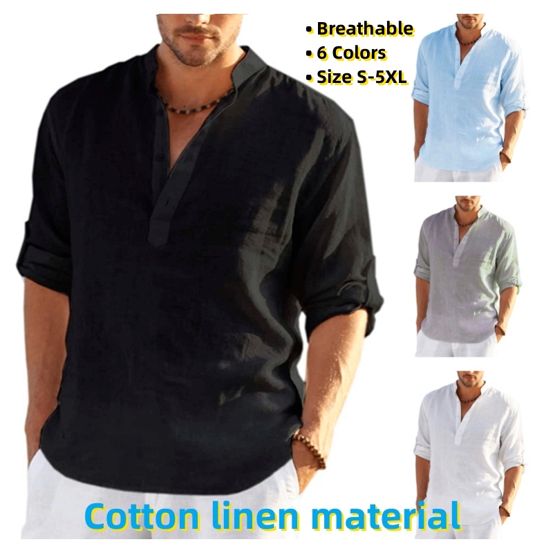Men's Casual Linen Cotton Long Sleeve Shirts Mature Loose Plain Shirt ...
