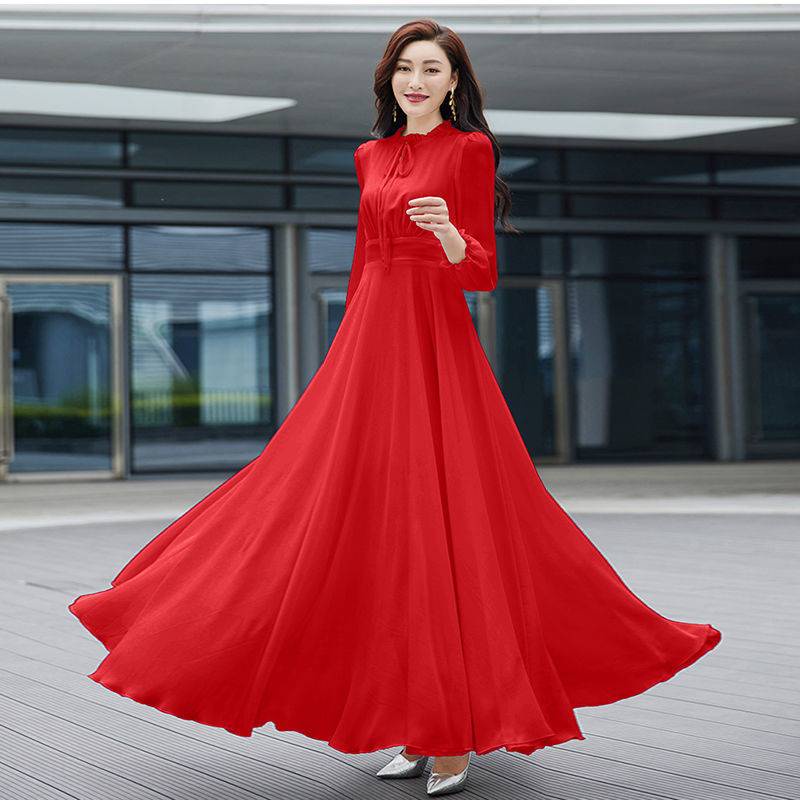 baju nikah perempuan pengantin gaun putih perangai 2022 new women s long sleeve collar solid color chiffon dress slim show skinny beach resort swing Shopee Singapore