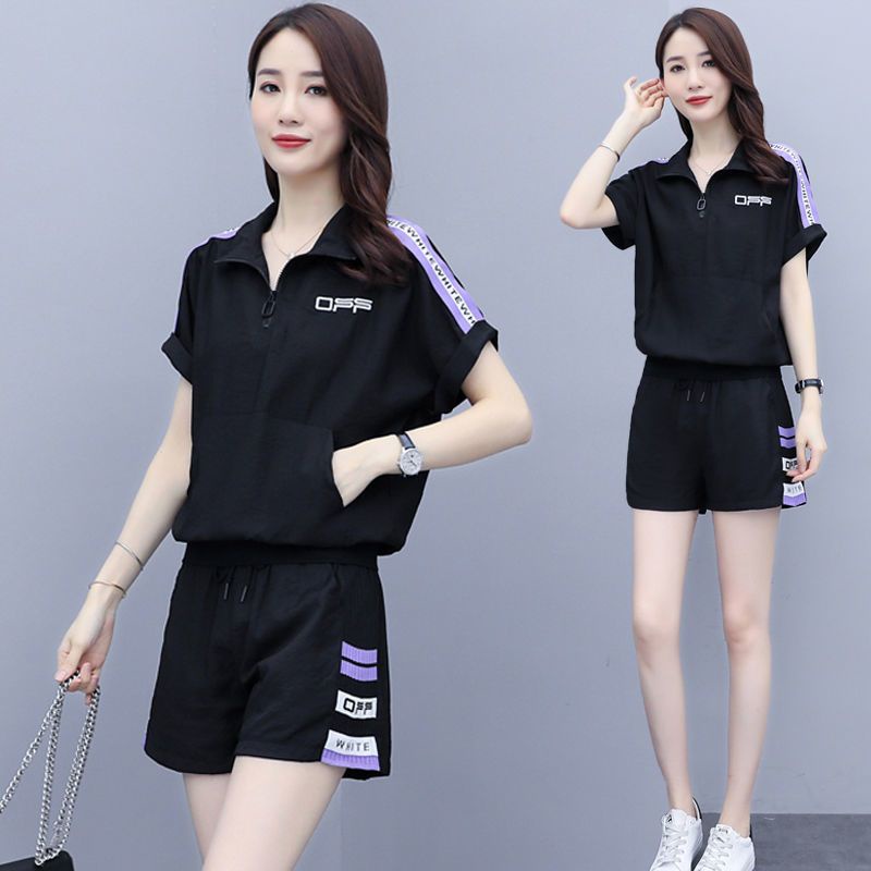[Ready Stock Hot Sale] Summer New Style Short Sports Suit Women Fashion Slimmer Look Top Korean Version High Waist Loose Shorts Casual Plus Size Girls Suits
