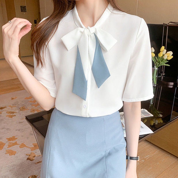 ◐Fashion Women's Clothing ReadyStock White Shirt Women Short-Sleeved Western Style Korean Version Contrast Color Ribbon Bow Top Interview Professional Wear K5.13 [Discount]