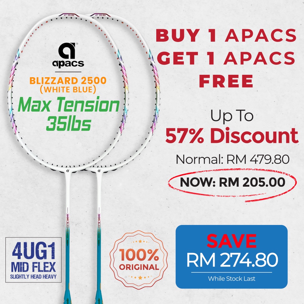 【BUY 1 FREE 1】 2x APACS Blizzard 2500 (White Blue) Badminton Racket