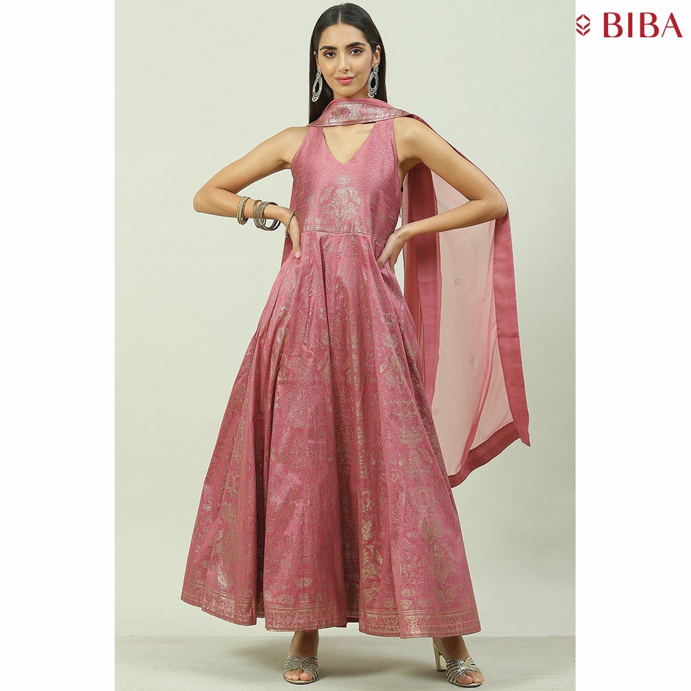 BIBA Ethnic Indian Wear Women s Onion Pink Art Silk Flared Sleeveless Kurta Legging Suit Set Shopee Singapore