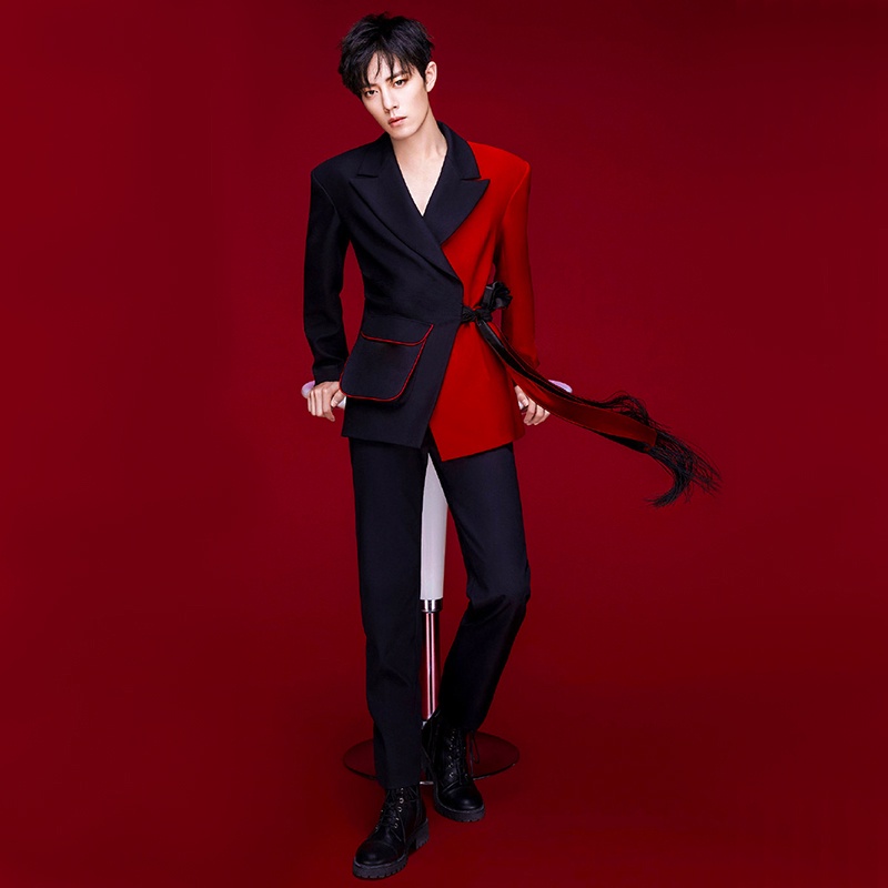 [24 Hours Delivery] Xiao Zhan Same Style Red Black Slim Suit Suit Stage ...