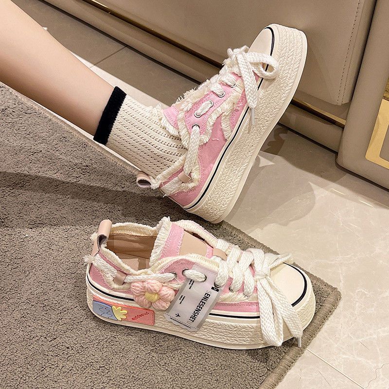 Floral Canvas Shoes 2023 White Shoes Women Autumn Thick Soled