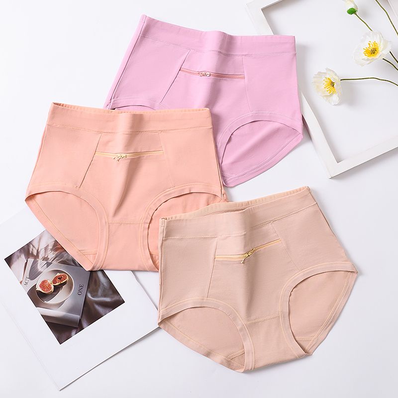 With Pocket Underwear Zipper anti-theft Pure Cotton Women Middle