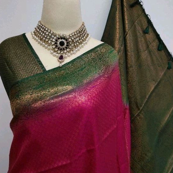 Banarasi Soft Silk Copper Zari Saree - Snowflake x Forest