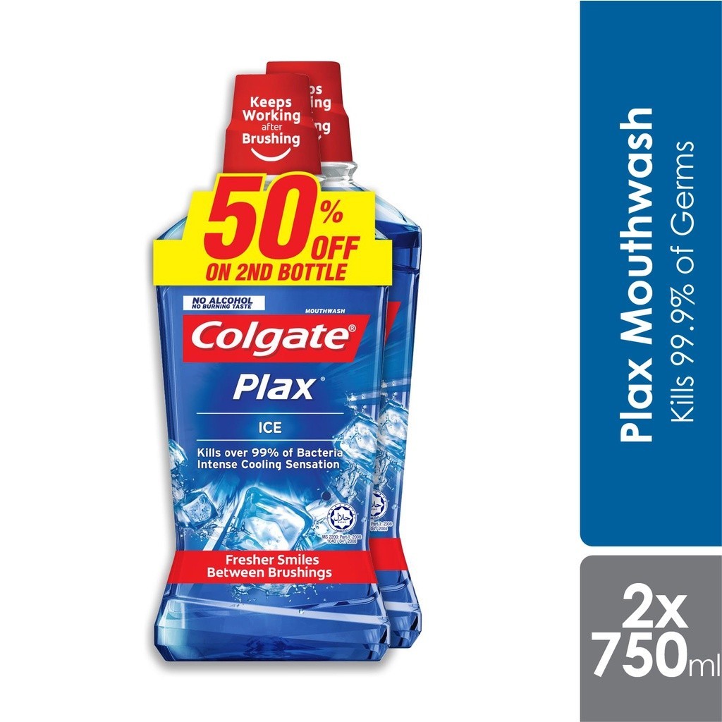 Colgate Plax Ice Mouthwash Twin Pack Eliminates 99.9% Bacteria (750ml x ...