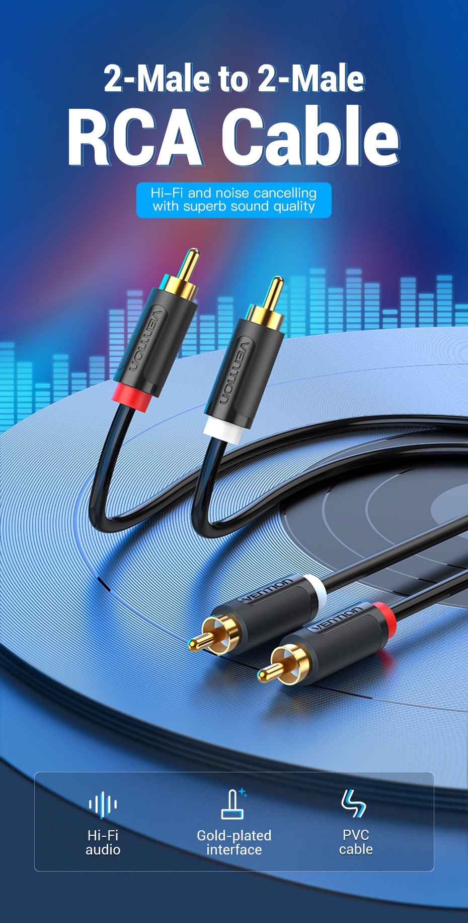 Vention 2 Rca To 2 Rca Gold Plated Stereo Audio Cable for Dvd Tv ...