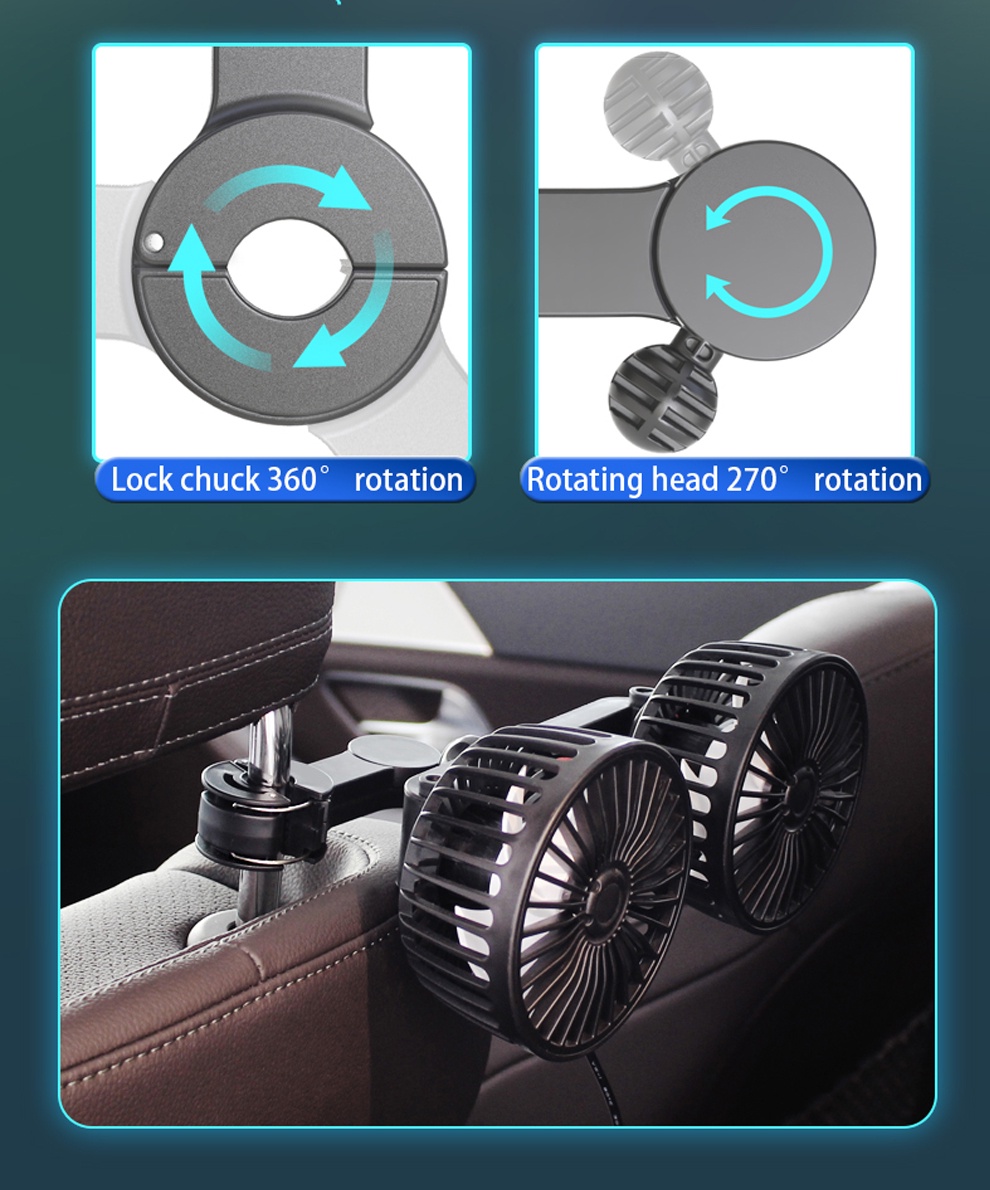 Car Seat Fan 3 Speeds Adjustable Car Headrest Cooling Air Fan USB Power Portable