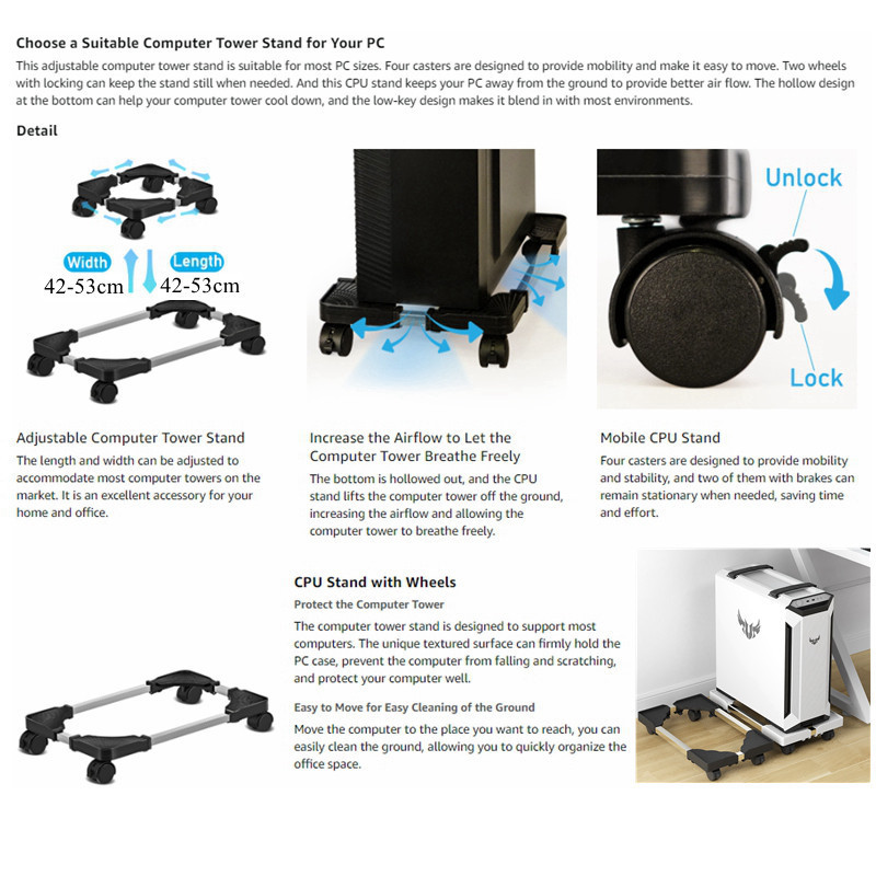 360 Rotating Computer Case Holder Adjustable CPU Stand PC Base Trolley ...