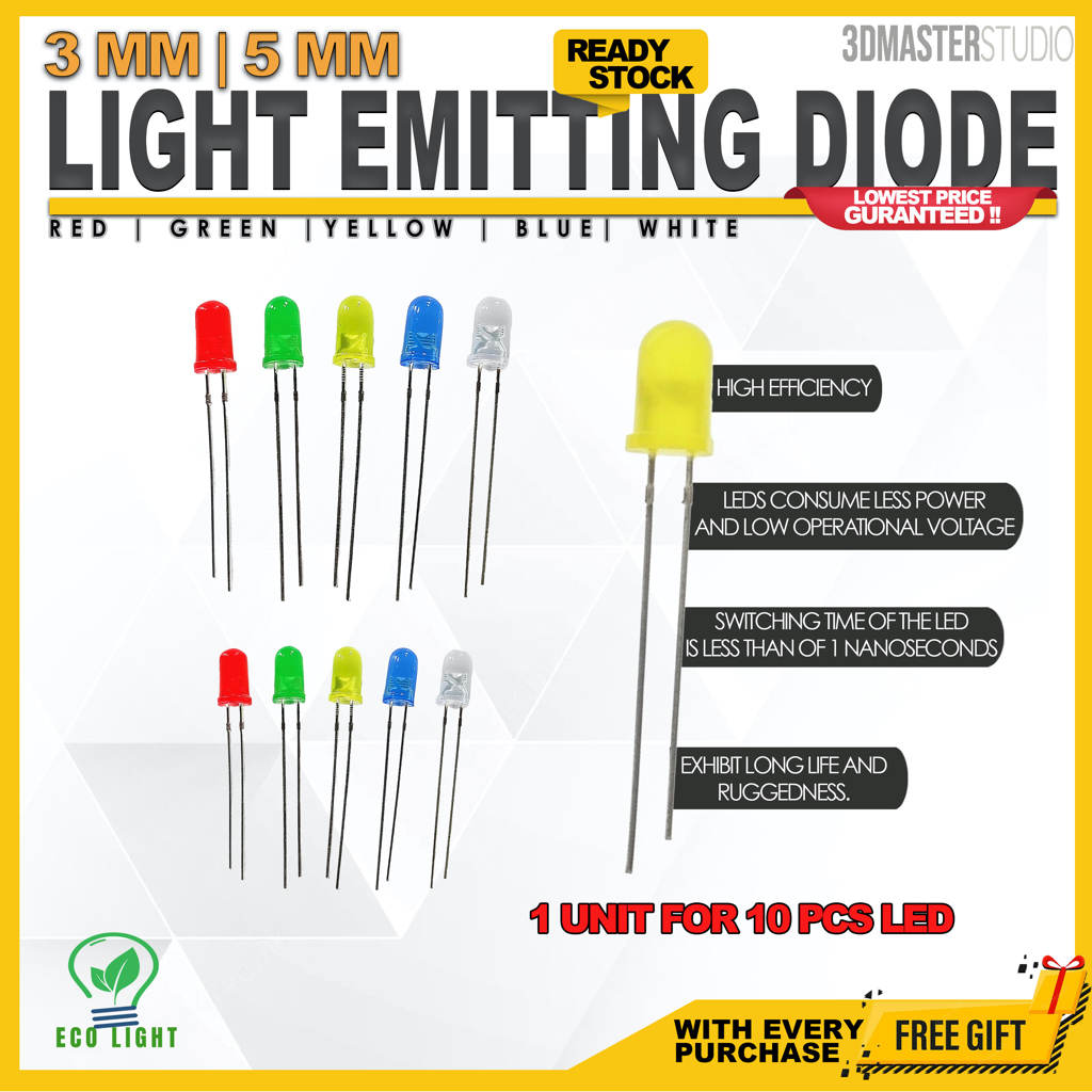 10PCS LEDs 3MM 5MM Light Emitting Diode Bulb DIY STEM RBT PROJECT ( RED ...