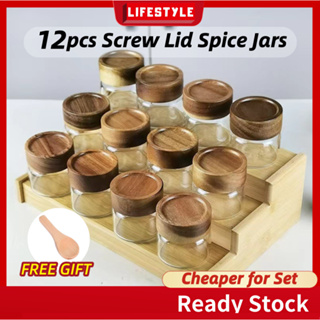 12Pcs Glass Spice Jars with Labels - Square Spice Bottles Containers,  Condiment Pot - Shaker Lids and Wooden lid - Silicone Collapsible Funnel  Included