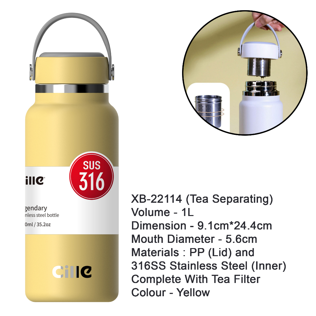 Cille 730m/750ml/1L Tea Separating 316SS Stainless Steel Vacuum