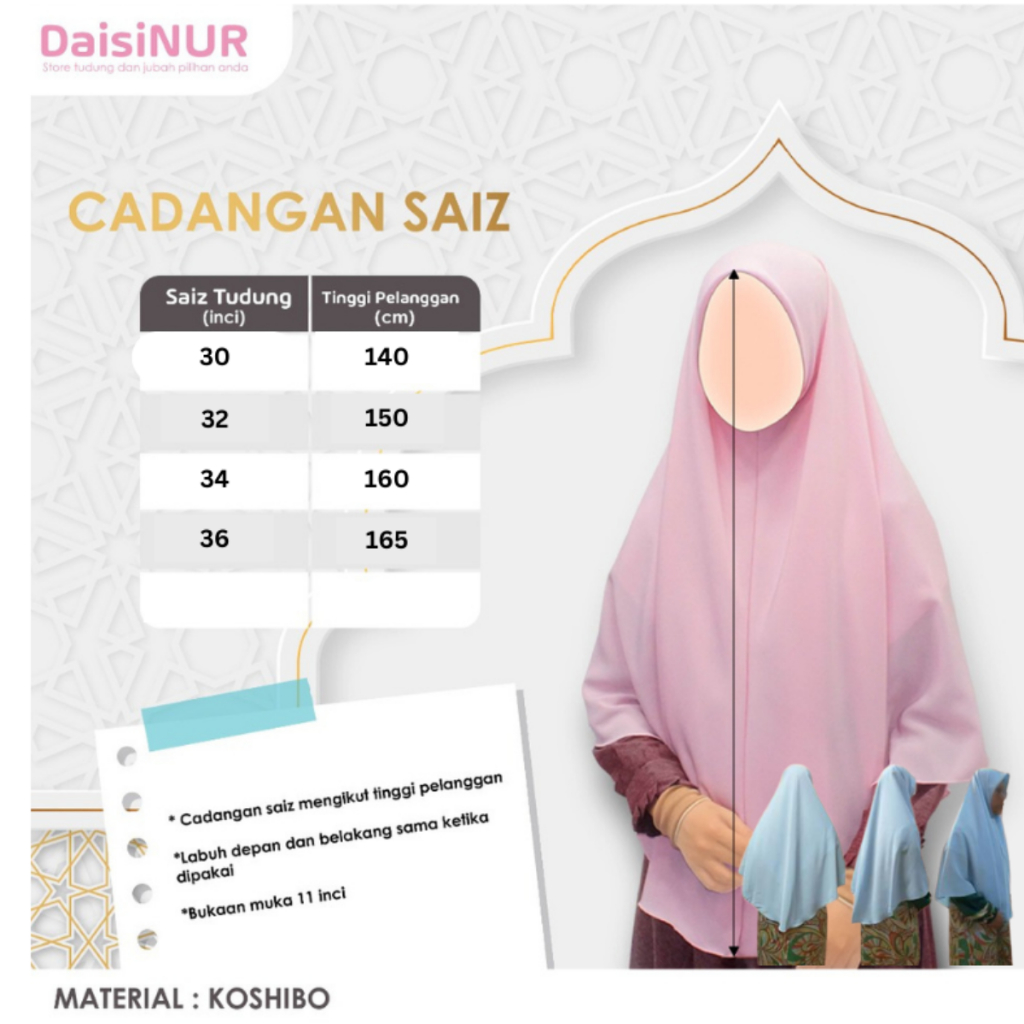 Tudung Labuh Koshibo i Nur 2 Layers Of 60 Inches Of Color Code TD31