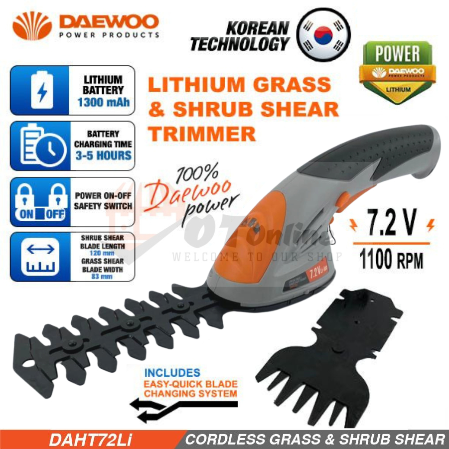 DAEWOO Grass Trimmer 7.2V Cordless Grass & Shrub Shear Hedge Trimmer
