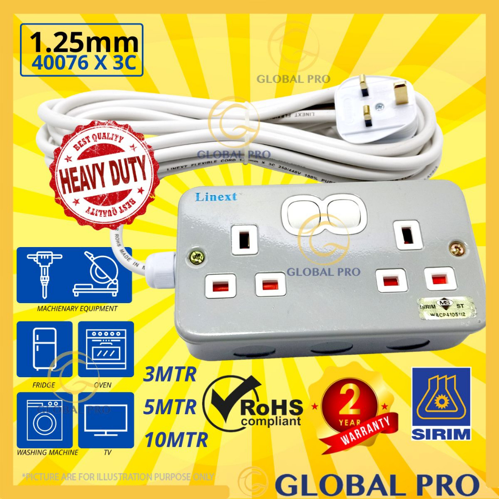 [3M /5M /10M] 2WAY x 13amp Metal Clad Heavy Duty Portable Socket