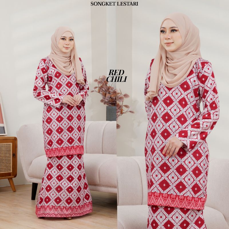 DESIGN SONGKET RAYA 2024 LESTARI KURUNG MODEN RED CHILI NAVY BLUE SKY ...