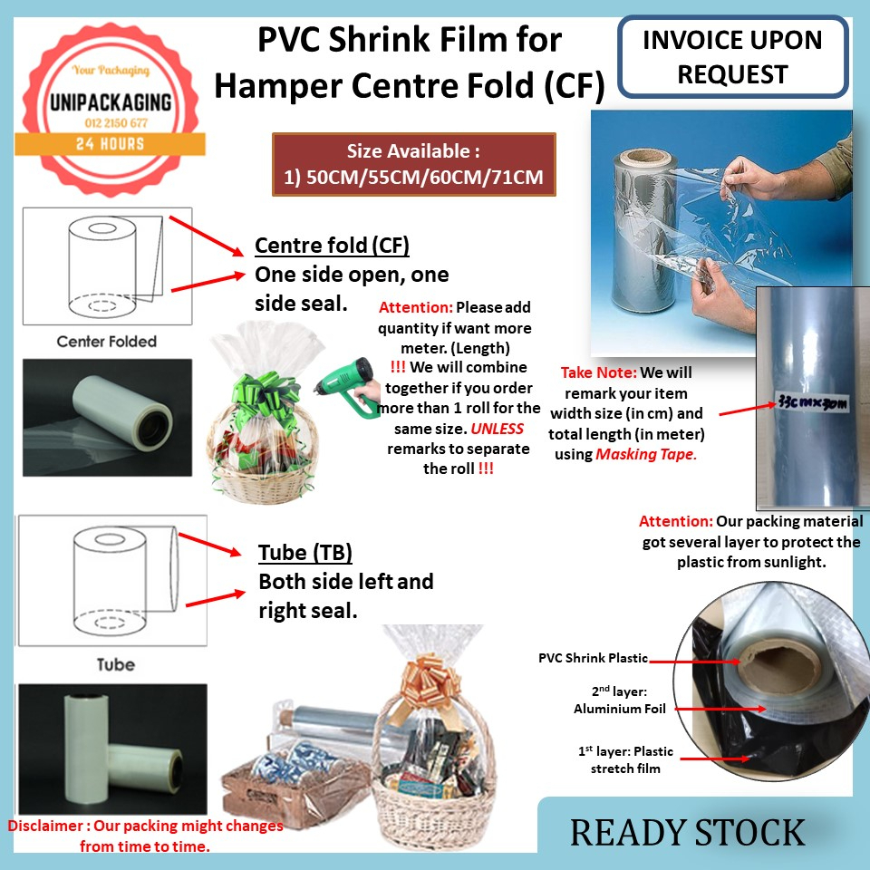 PVC Shrink Film Centre Fold / Heat Shrink Wrap Hamper Wrap 50cm x 1m