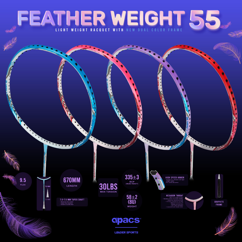 APACS BADMINTON RACKET FEATHER WEIGHT 55 (8U) Shopee Singapore