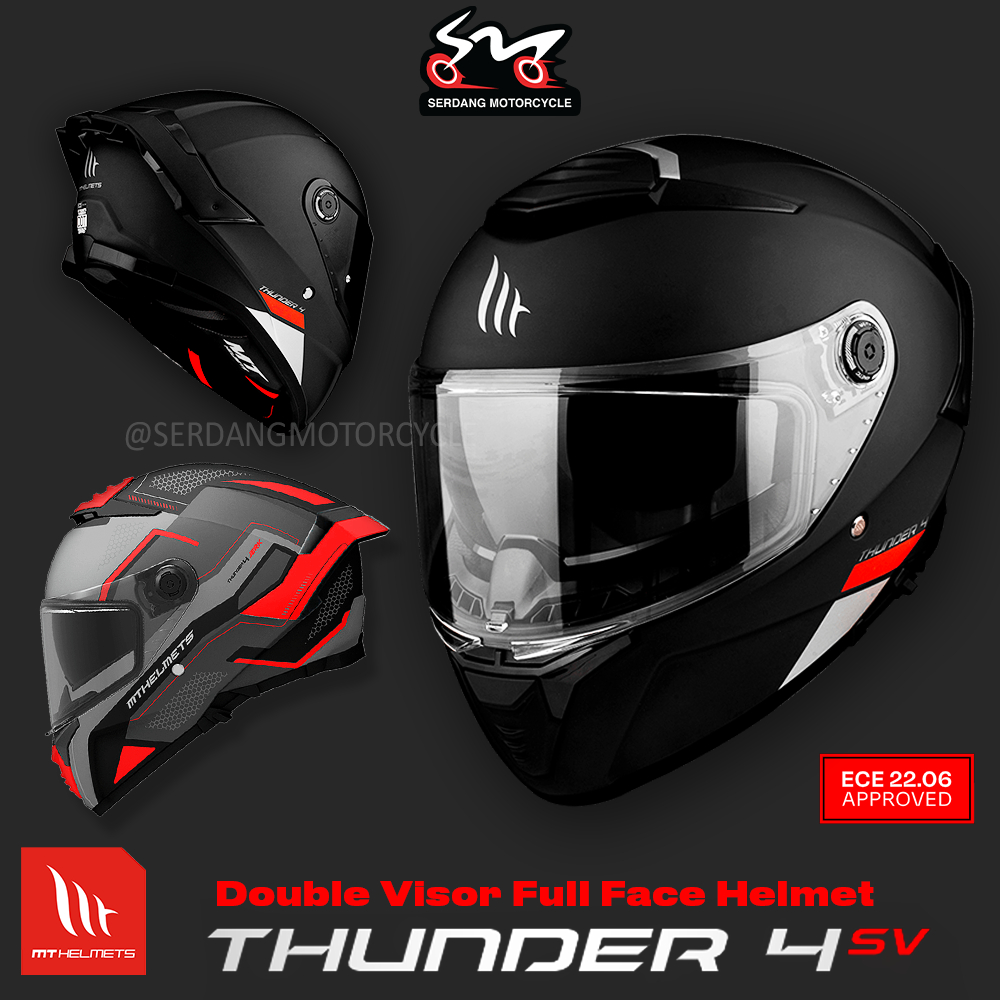MT Helmets Thunder 4 SV Double Visor Full Face Helmet Matt Black Jerk Matt  Red Sun visor