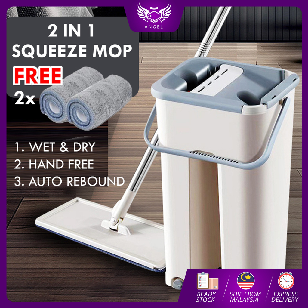 ANGEL New Mop Self-Wash And Squeeze Dry Flat Mop With Bucket 2 Mop Pads ...