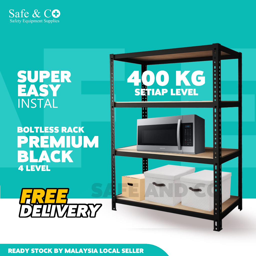 RACKZONE Black 4 Tier Rak Boltless Rack Heavy Duty Rak Besi Bertingkat