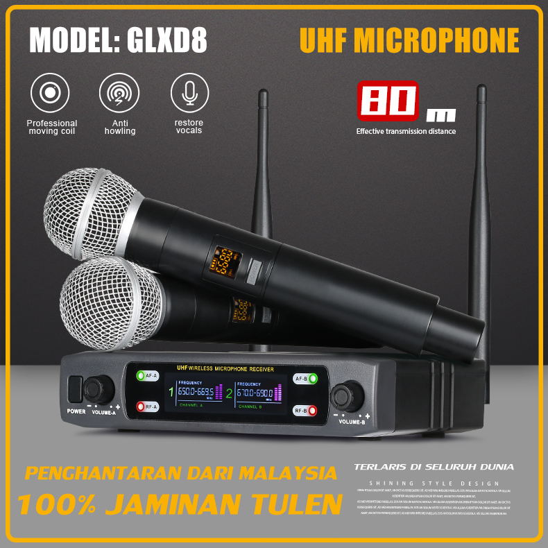 GLXD8 Wireless Microphone 2 handheld microphones 800MHZ UHF FM80M