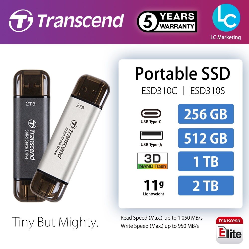 Transcend TS256GESD310C 256GB Portable SSD, ESD310C, USB 10Gbps with Type-C  and Type-A