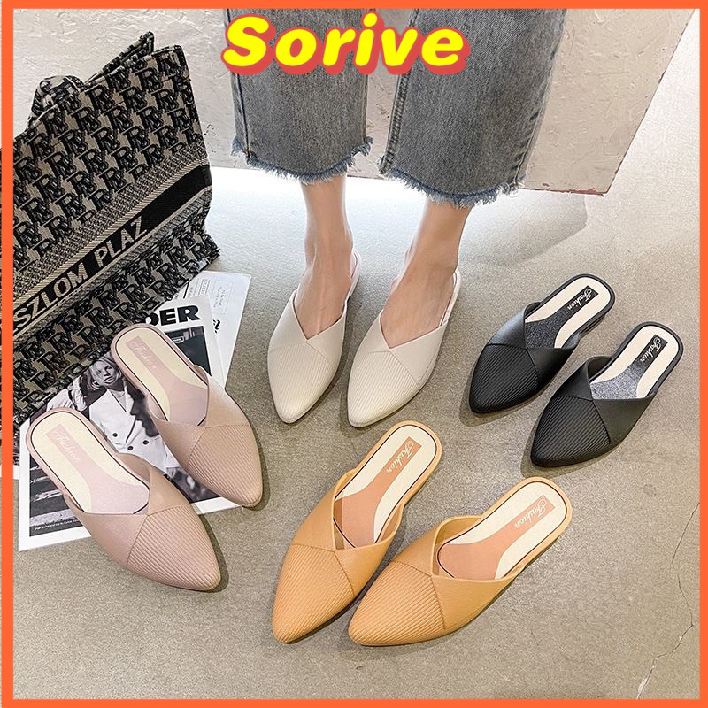 Women Pointed Flat Lazy Slip-Ons Shoes Flat Shoes Women Plus Size Kasut  Sarung Wanita Kasut Flat Sandal Perempuan