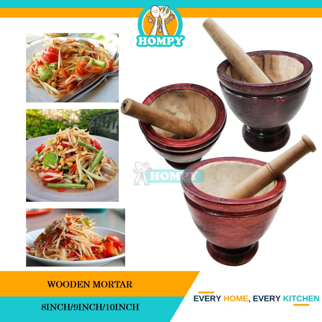 Wood Mortar and Pestle Lesung Kayu Somtam 6INCH/7INCH/8INCH Shopee