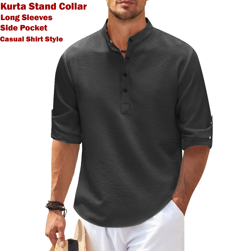 Men Kurta Shirt Casual Smart Kurta Long Sleeve Side Pocket Formal Raya Plain Top Lelaki Baju Berkolar Baju S to 2XL Shopee Singapore