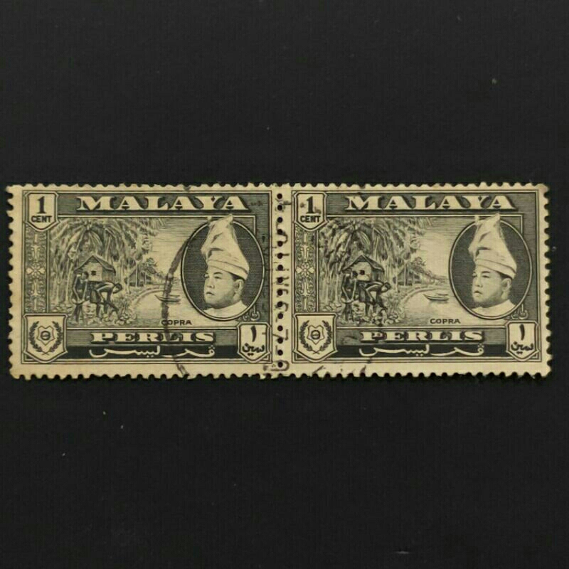 1957 Stamp Malaya Perlis-In Horizontal Pair-Unique Used Stamp-1c black ...