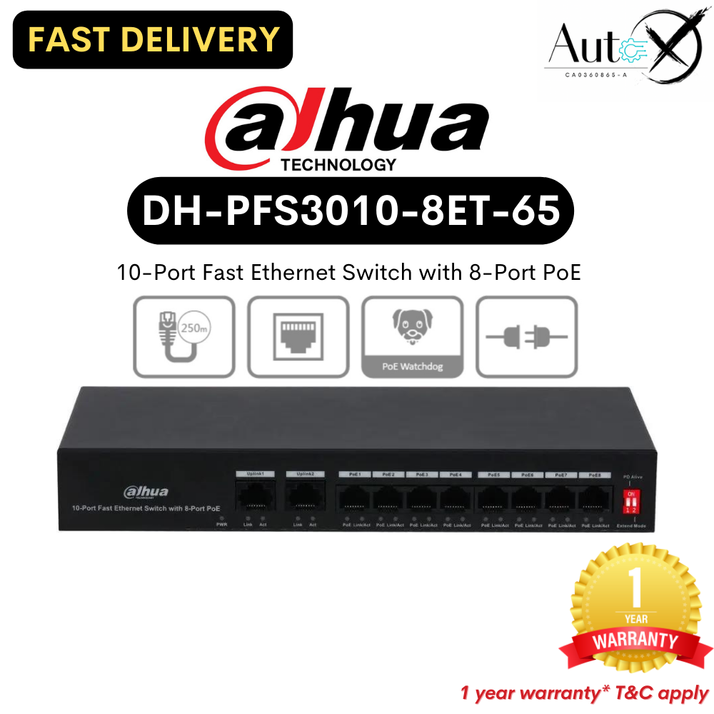 DAHUA DH-PFS3010-8ET-65 (10-Port Fast Ethernet Switch with 8-Port PoE ...