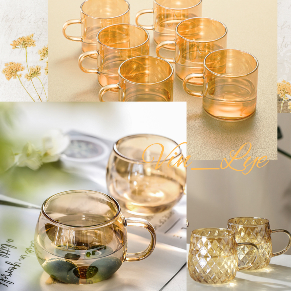 Amber Glass Teacup with handle Cup Kaca Cawan Teh Rose Gold cute high ...