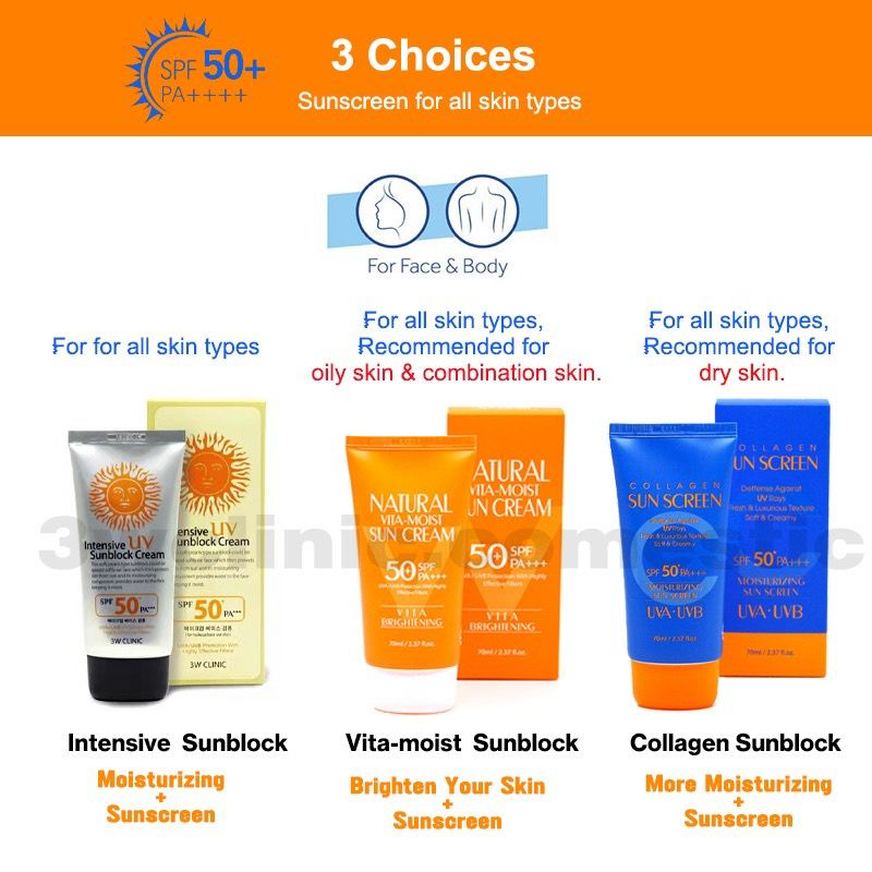 3W Clinic Intensive UV Sun Block Cream / Collagen Sunscreen / Natural ...