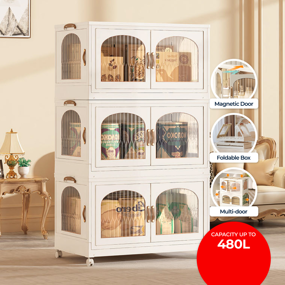 THE 1/2/3/4/5 Layers Semi-Transparent 2 Doors Foldable Storage Cabinet ...