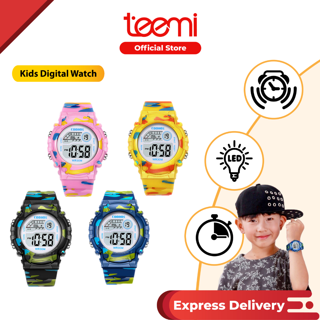 TEEMI Kids Army Camouflage LED Digital Watch Multifunction Rainbow Light Jam Tangan Budak Kanak Kanak Alarm Timer